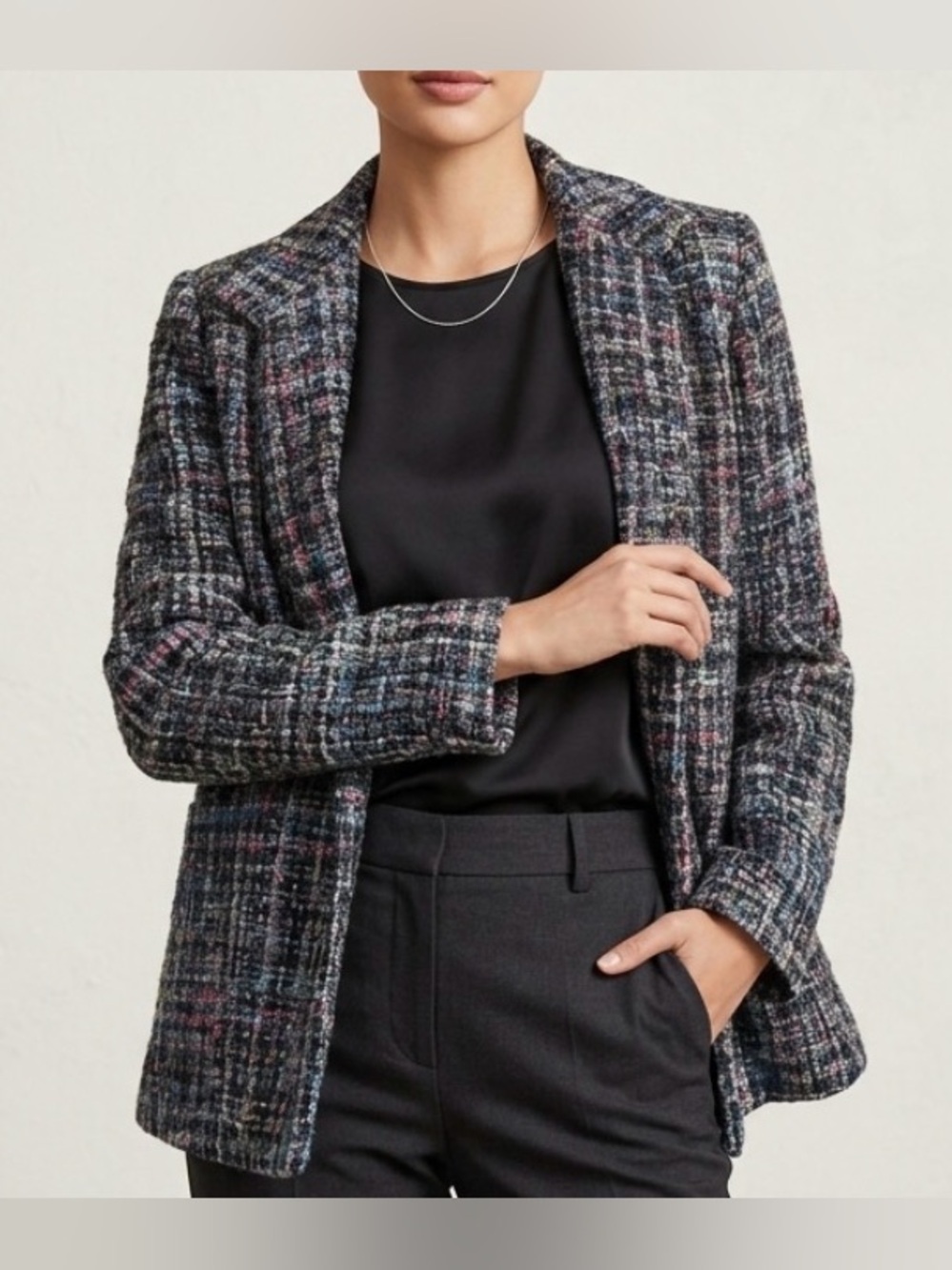 Calvin Klein Women's Tweed Sequin Inlaid Plaid Check Long Sleeved Jacket Size 2